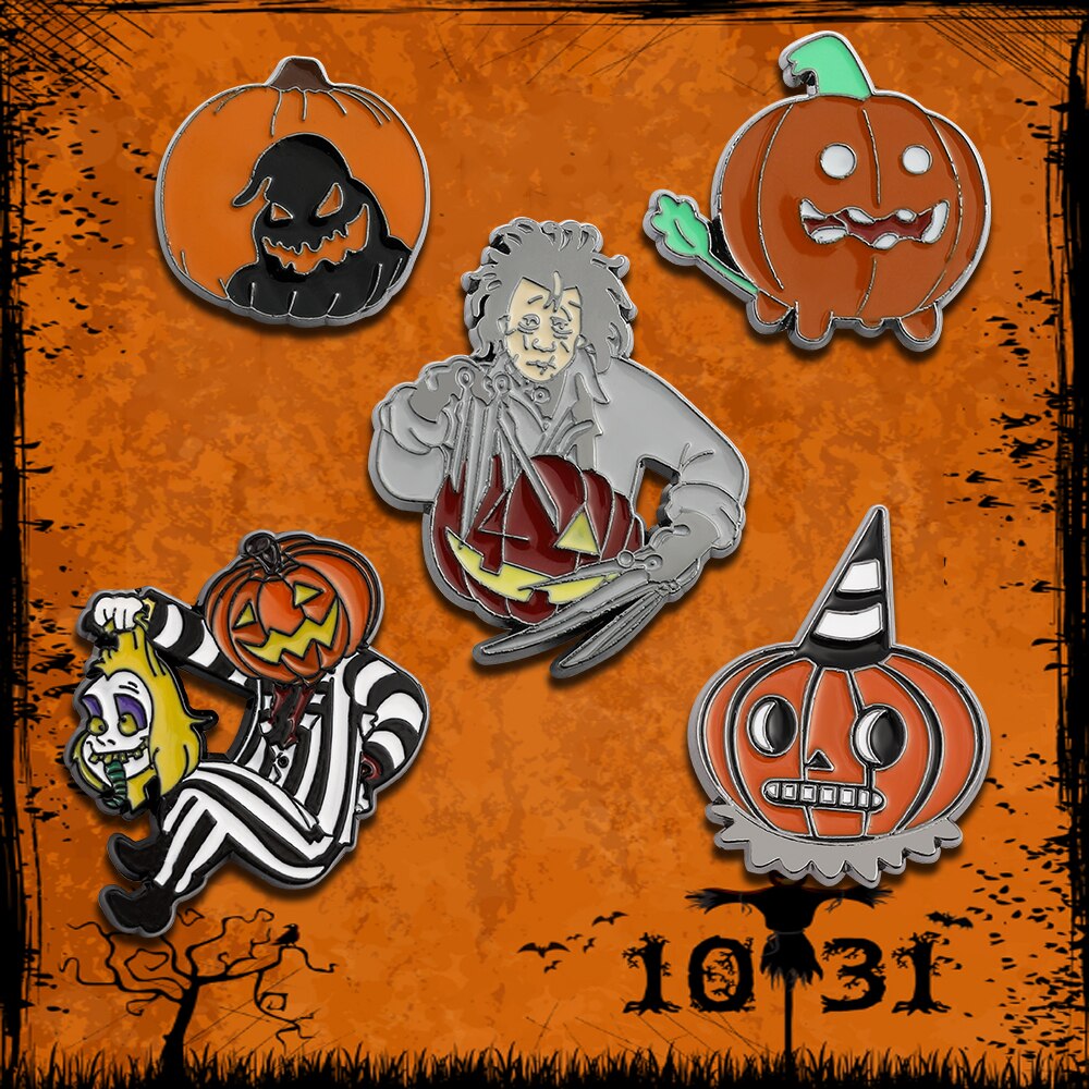 Halloween Enamel Pins Edward Scissor Hands Beetlejuice Pumpkin Head & Classic Pumpkin